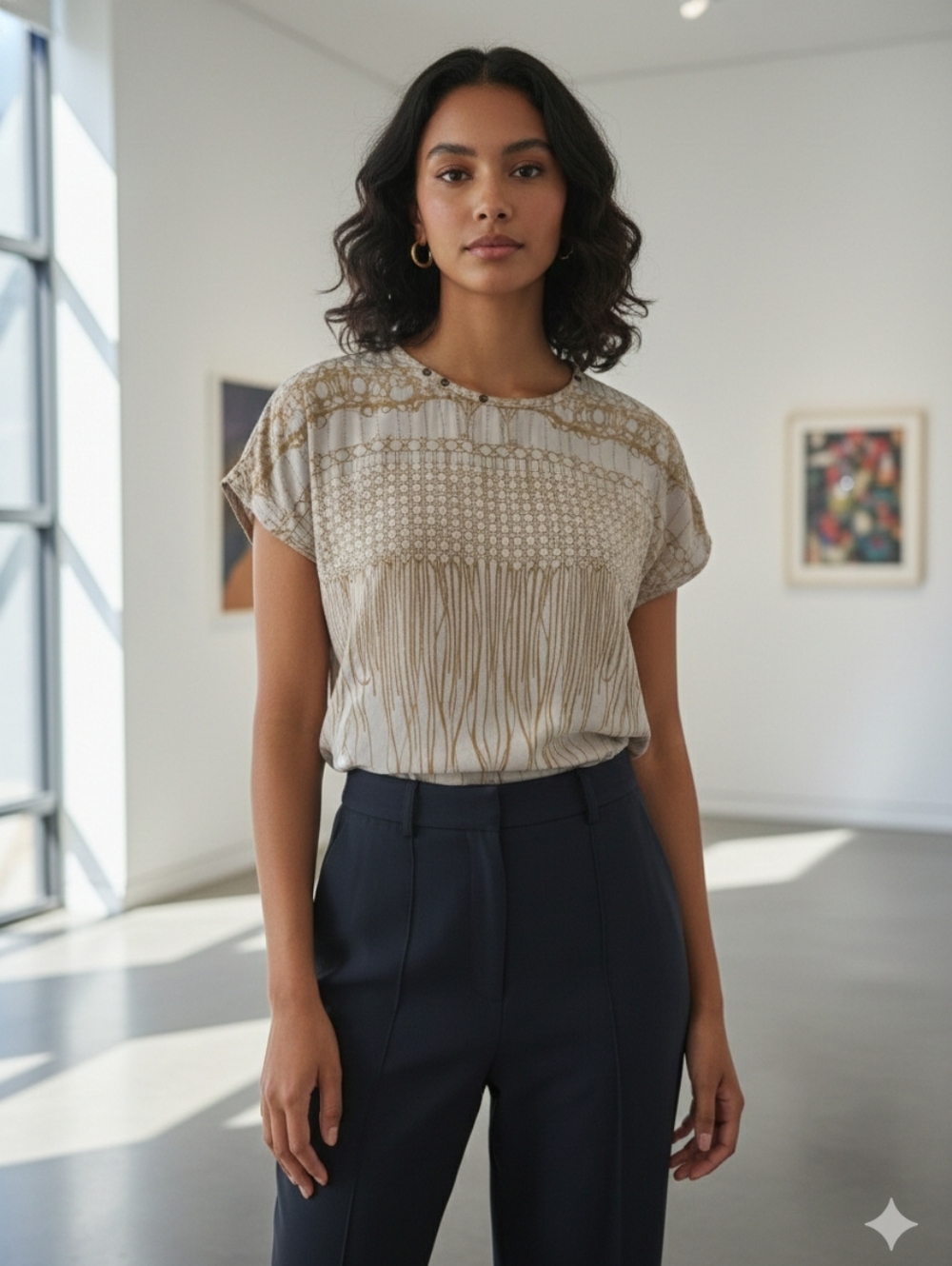 Vena Cava Silk Women's Beige Patterned Top